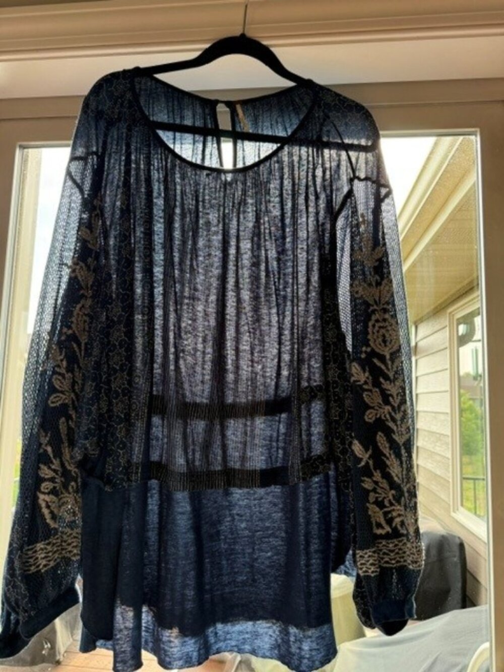 Free People Blue Print Tunic Top w/Intricate Sleeves